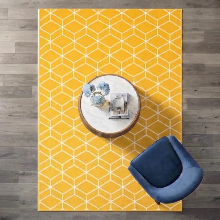Żółty dywan geometryczny Linear w przestrzenny wzór sześcianów 3D